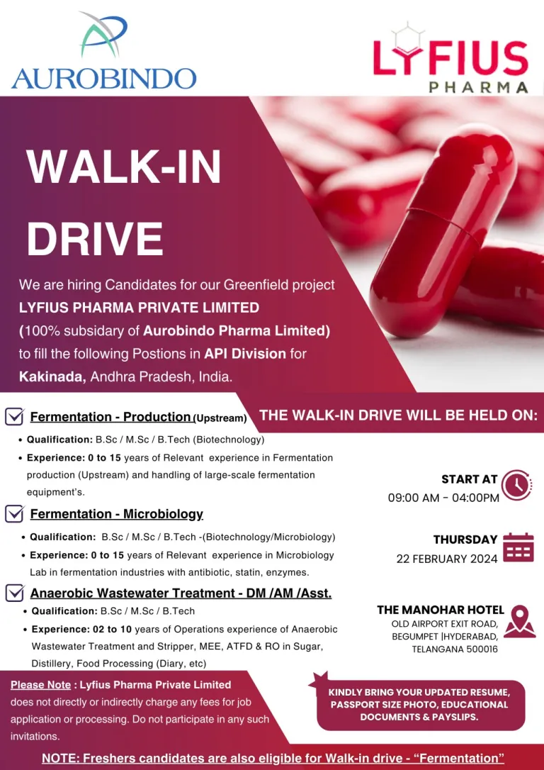 Lyfius Pharma (Aurobindo) - Walk-Ins for Freshers & Experienced Candidates on 22nd Feb 2024